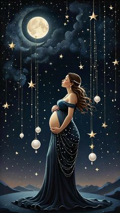 a pregnant woman standing in the moonlight with stars and moon hanging from her belly, looking up at the sky