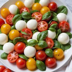 a white plate topped with lots of different types of tomatoes and mozzarella cheese