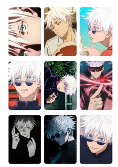 six anime characters with different hair colors and glasses, all looking at the same person