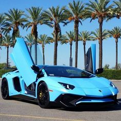 a blue sports car parked in front of palm trees