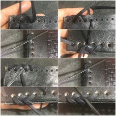 four pictures show the inside of a black leather purse with multiple holes and rivets