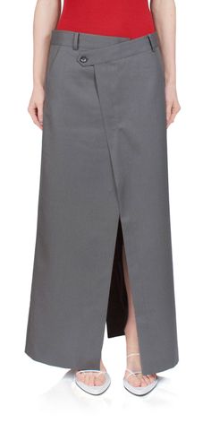 The st. agni deconstructed waist maxi skirt elevates timeless men's tailoring with a playful feminine twist. made from responsibly sourced wool blend this pewter grey skirt features an asymmetric waist front and back split and a tailored mid-rise fit. stay refined yet casual with this versatile piece.    details:    - color: pewter grey  - 50% rws wool / 50% recycled poly  - lining: 100% lyocell  - asymmetric waist detail  - center front and back split at hem  - vendor code: w24-802pgr    - fits Stylish Business Outfits, Diy Pants, Valentino Red, Grey Skirt, Diy Tops, St Agni, Pewter Grey, Designs For Dresses, Gray Skirt