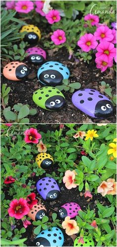 colorful rocks with faces painted on them sitting in the grass next to pink and yellow flowers