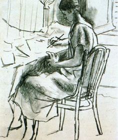 a black and white drawing of a woman sitting at a table with papers on it