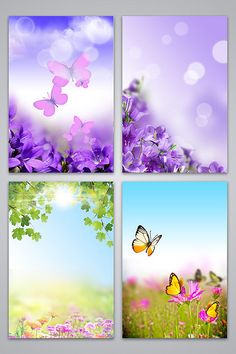 four pictures with flowers and butterflies in the middle one is purple, the other is yellow