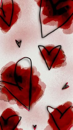 some red and black hearts are on a white background with pink watercolors in it