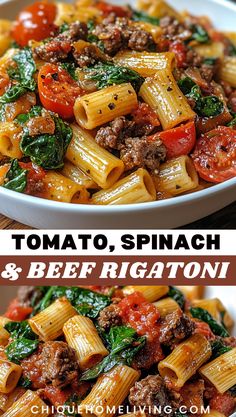 two pictures of pasta and beef with spinach