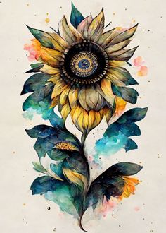 a watercolor painting of a sunflower with blue and yellow colors on it's petals