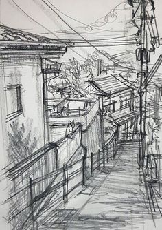 a pencil drawing of a street with buildings and telephone wires in the distance, on a white paper background