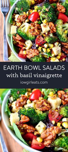 a bowl filled with broccoli, corn and other vegetables on top of a wooden table