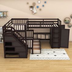 a loft bed with stairs and storage drawers in the middle of a wooden floored room