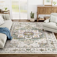 a living room with two couches and a rug on the floor