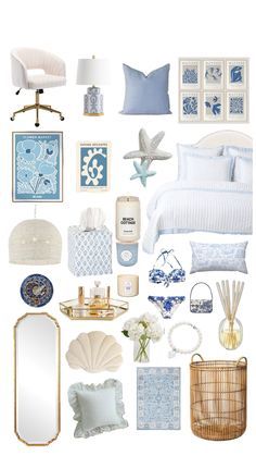 a collage of blue and white bedroom decor including bedding, pillows, lamps, mirror, lampposts