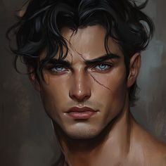 a painting of a man with dark hair and blue eyes looking at the camera while wearing no shirt