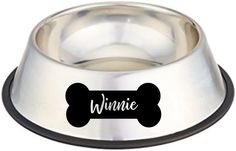 a stainless steel dog bowl with a bone on the side that says,'winnie '