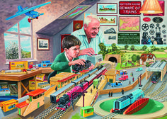 an older man and young boy playing with trains in a toy train set room,