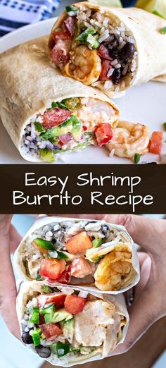 two burritos with shrimp, lettuce and tomatoes on them