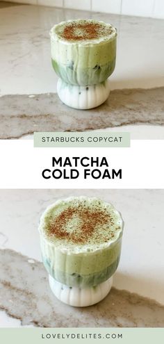 matcha cold foam in two different bowls with cinnamon sprinkles on top