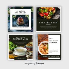 four square brochures with different food items on them, including soup and salads