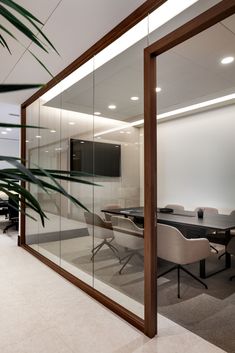 an empty conference room with glass walls and plants in the corner on either side of the table