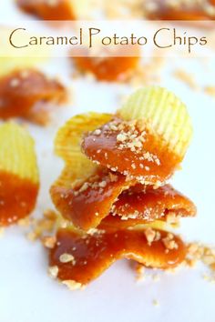 caramel potato chips stacked on top of each other with peanut butter in the middle