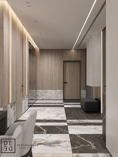 the interior of a modern apartment with marble floors and walls