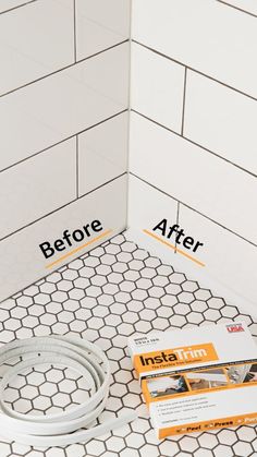 before and after photos of tile cleaning in a bathroom with white grout on the floor