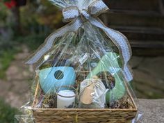 a basket filled with blue and white items