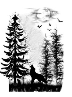 a black and white drawing of a wolf in the woods with birds flying over it