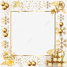 a gold christmas frame with ornaments and snowflakes on the bottom, in front of a white background