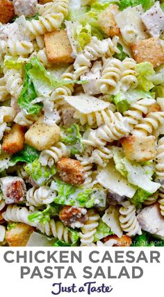 chicken caesar pasta salad with lettuce and croutons