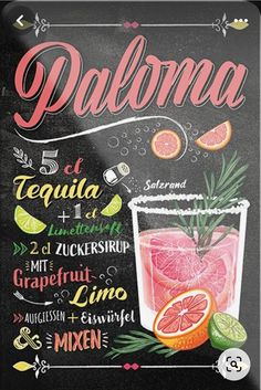 a chalkboard sign with the names of different types of drinks and ingredients on it