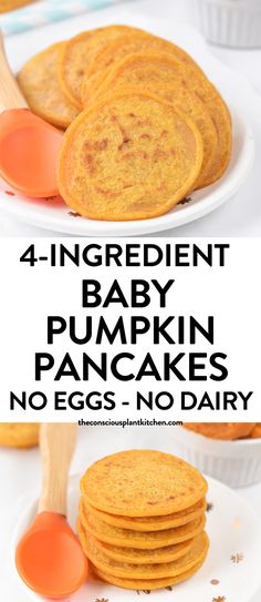 four ingredient baby pumpkin pancakes with no eggs and no dairy on the top, in white plates