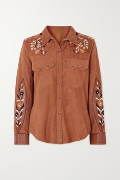 Fortela's 'Blondie' shirt is a unique take on classic Western styles. Cut from supple tan suede, it's intricately embroidered with floral motifs across the yoke and leather-trimmed sleeves that showcase the brand's artisanship. Wear yours with blue jeans and loafers. Cutout Shirts, Embroidered Leather, Fall Capsule Wardrobe, Tan Suede, Floral Motifs, Western Outfits, Fall Wardrobe, Leather Fabric, Western Fashion