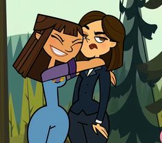 two cartoon characters hugging each other in front of some trees and bushes, with one holding the other's head