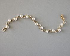 Pearl and CZ Leaves Bracelet Pearl And Diamond Bracelet, Gold Bridal Hair Accessories, Leaves Bracelet, Bridal Bracelet Pearl, Cz Bracelet, Leaf Bracelet, Bridal Bracelet, Pearl Set, Matching Necklaces