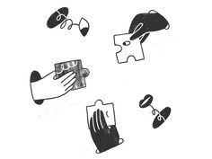 hand with puzzle piece and other items in the air, including gloves and eyeglasses