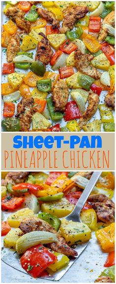 sheet pan pineapple chicken stir fry with peppers and zucchini on the side