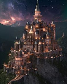 an image of a castle that is on top of a mountain at night time with stars in the sky