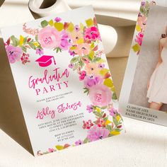 a pink and yellow flowered graduation party with a photo on the front, an announcement card in the back