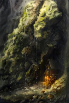 a painting of a house in the middle of a cave with rocks and water pouring from it