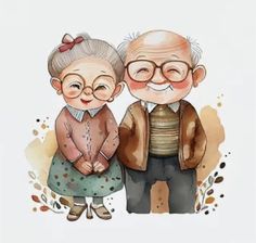 an old couple is standing next to each other with their hands on their hipss