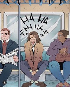 three people sitting on a subway car reading the paper and looking at something in front of them