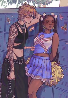 two people standing in front of lockers with tattoos on their arms and chestes