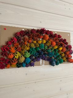 a rainbow made out of fake flowers on a piece of cardboard hanging on a wall