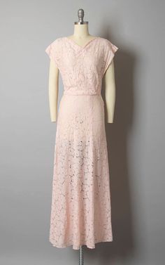 Vintage 1930s Gown | 30s Sheer Cotton Lace Light Pink Full Length Wedding Bridesmaid Tea Dress (smal Vintage Lace Maxi Dress For Daywear, Vintage Lace Maxi Dress With Lace Trim, Vintage Lace Maxi Dress For Wedding, Vintage V-neck Maxi Dress For Wedding, Vintage Lace Maxi Dress For Garden Party, Vintage Lace V-neck Dresses, Vintage Lace Dress For Garden Party, 1930s Gown, Vintage 1930s Dress