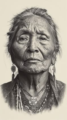 an old woman with wrinkles and piercings on her face, looking at the camera