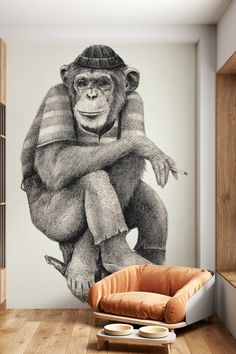 a drawing of a monkey sitting on top of a chair in front of a wall