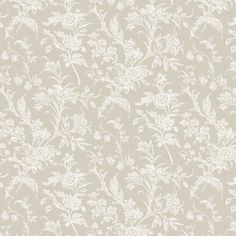 an old wallpaper with white flowers and leaves on the side, as well as a beige background