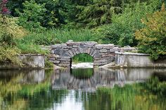 a stone bridge over a body of water with trees in the background and bushes on either side